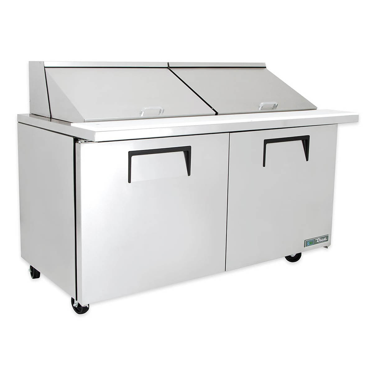 True TSSU-60-24M-B-ST-HC sandwich/salad prep table, front angle view, lids closed