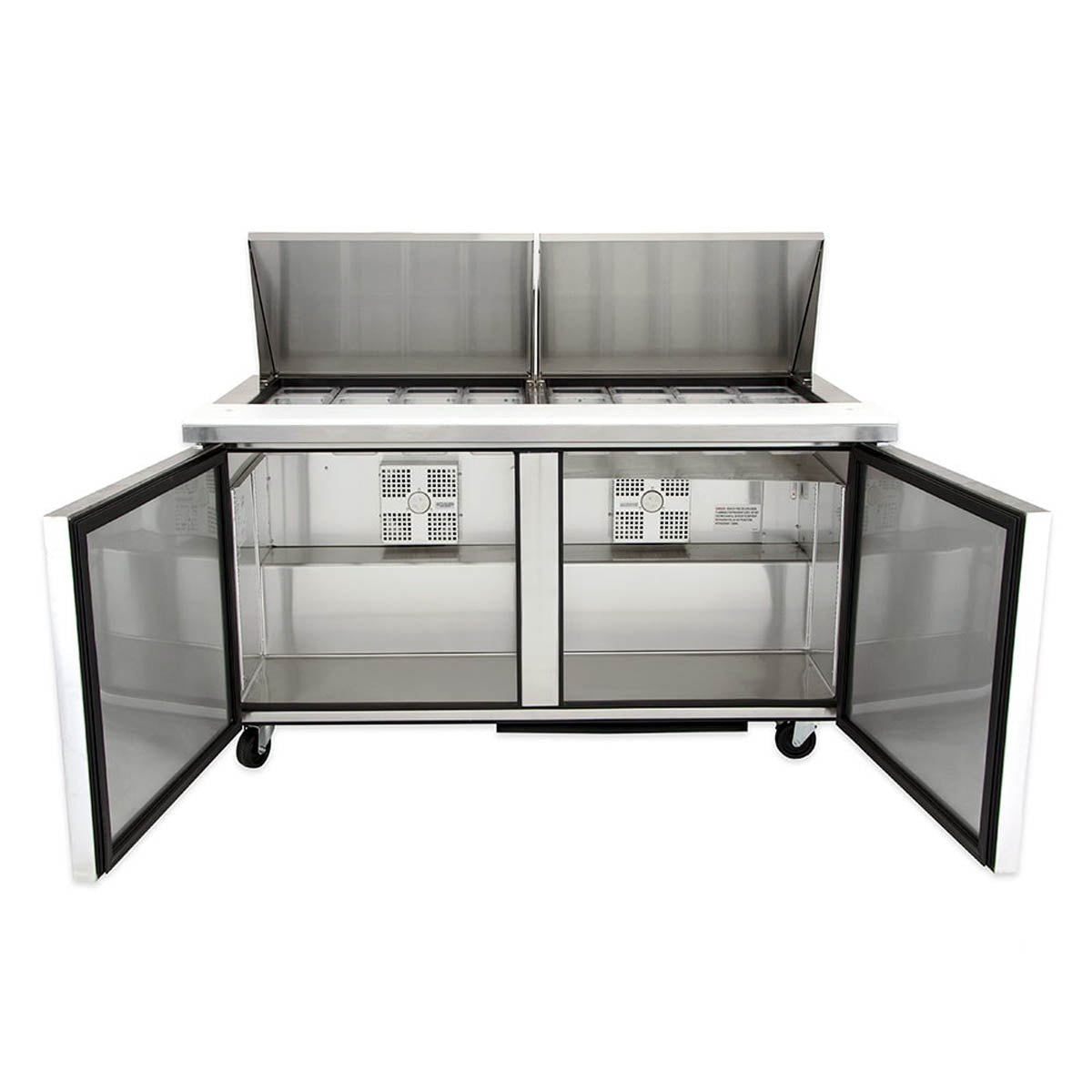 True TSSU-60-24M-B-ST-HC sandwich/salad prep table, front view with both doors open, shelves inside