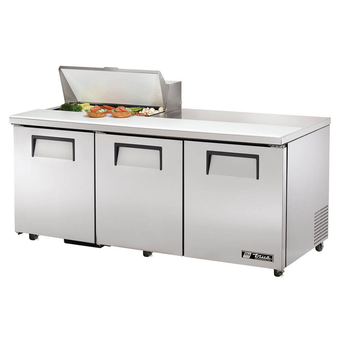 True TSSU-72-08-HC sandwich/salad prep table, front angle view, lid open with ingredients in the pans