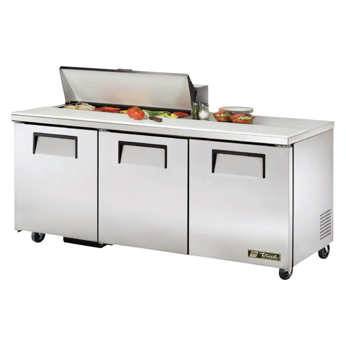 True TSSU-72-10-HC sandwich/salad prep table, front angle view, lid open with ingredients in the pans