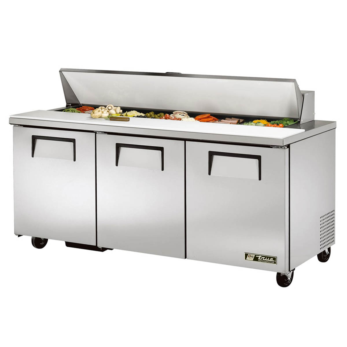 True TSSU-72-18-HC sandwich/salad prep table, front angle view, lid open with ingredients in the pans