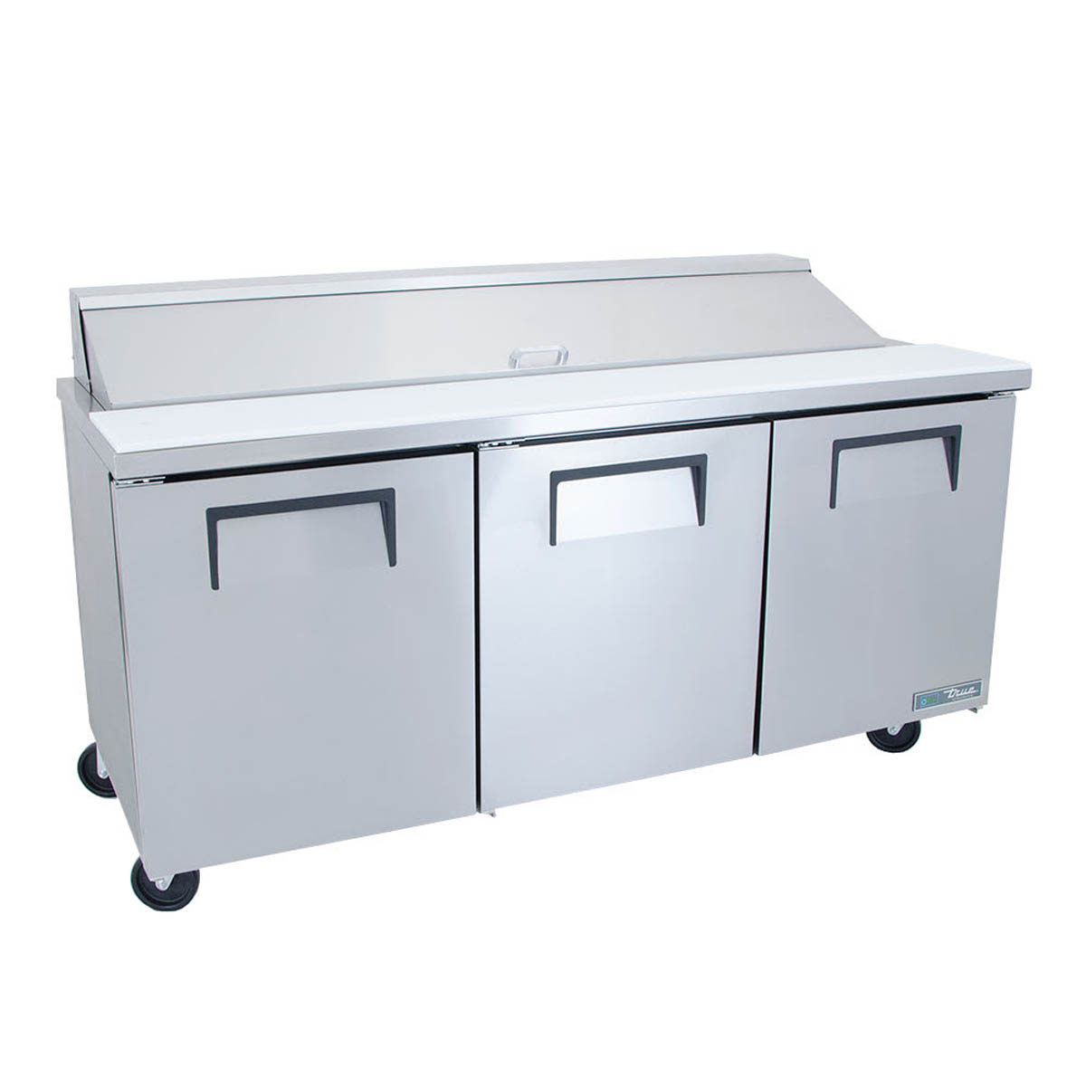 True TSSU-72-18-HC sandwich/salad prep table, front angle view, lid closed