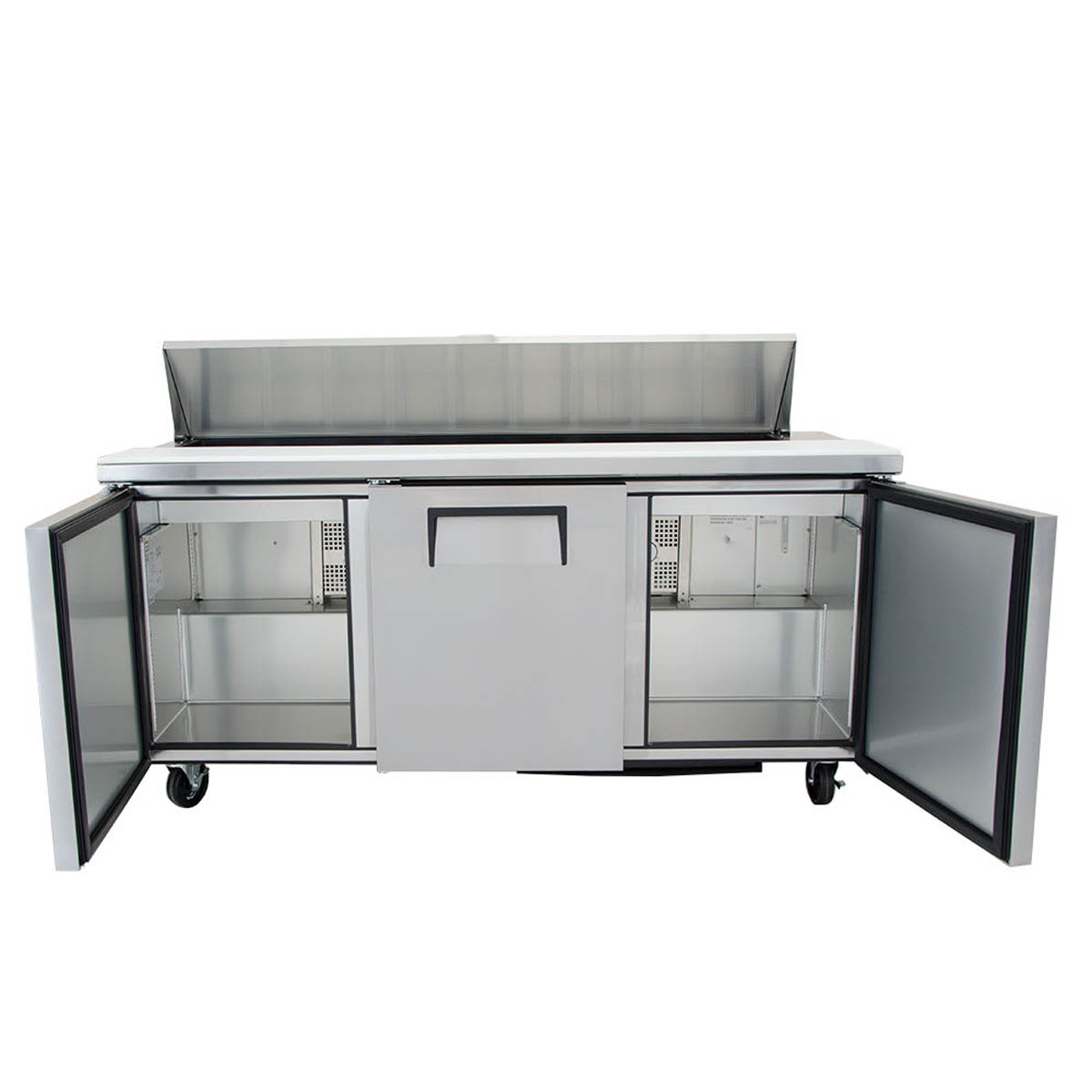 True TSSU-72-18-HC sandwich/salad prep table, front view with two doors open