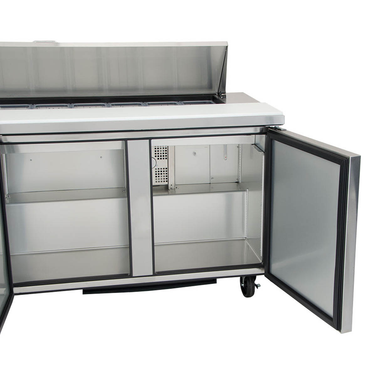 True TSSU-72-18-HC sandwich/salad prep table, front view with one door open