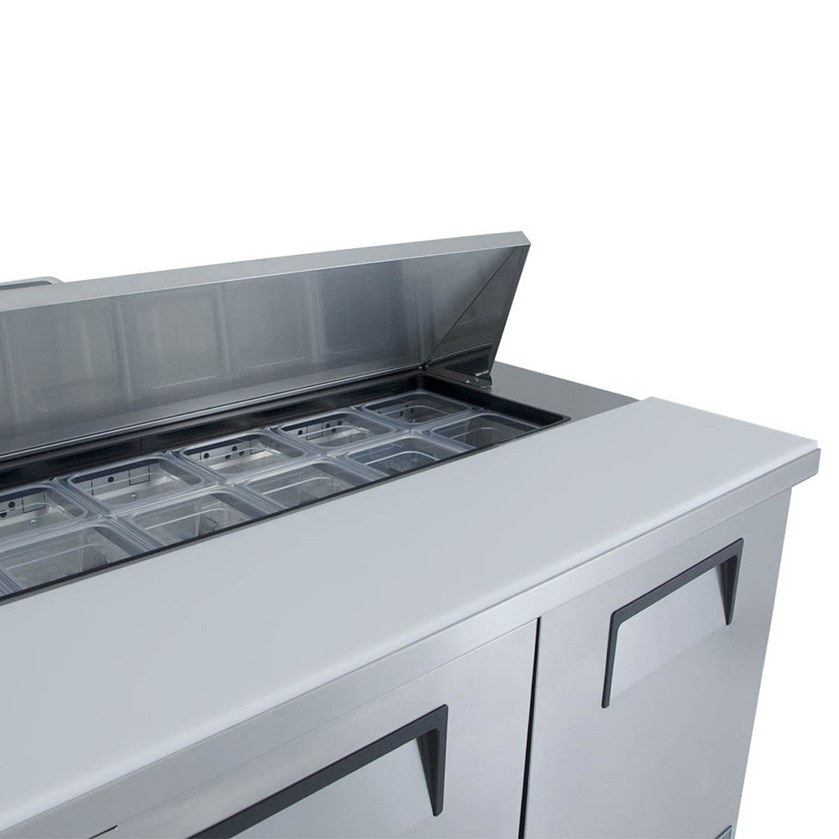 True TSSU-72-18-HC sandwich/salad prep table, close-up of the open lid over the food pans