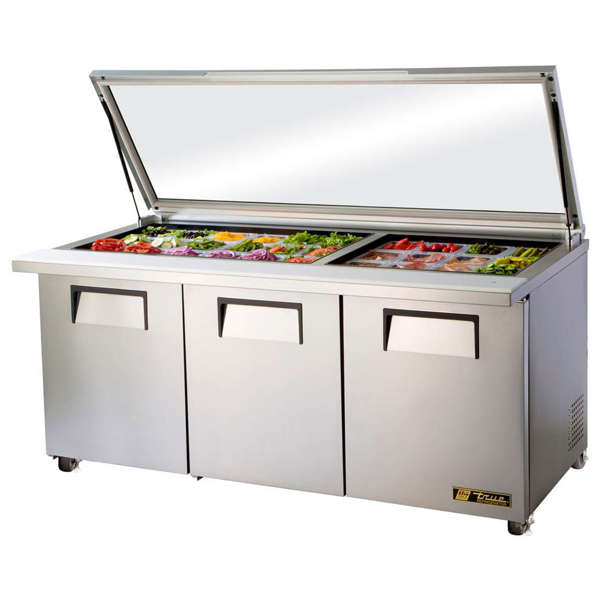 True TSSU-72-30M-B-ST-FGLID-HC sandwich/salad prep table, front angle view, flat glass lid open with ingredients in the pans