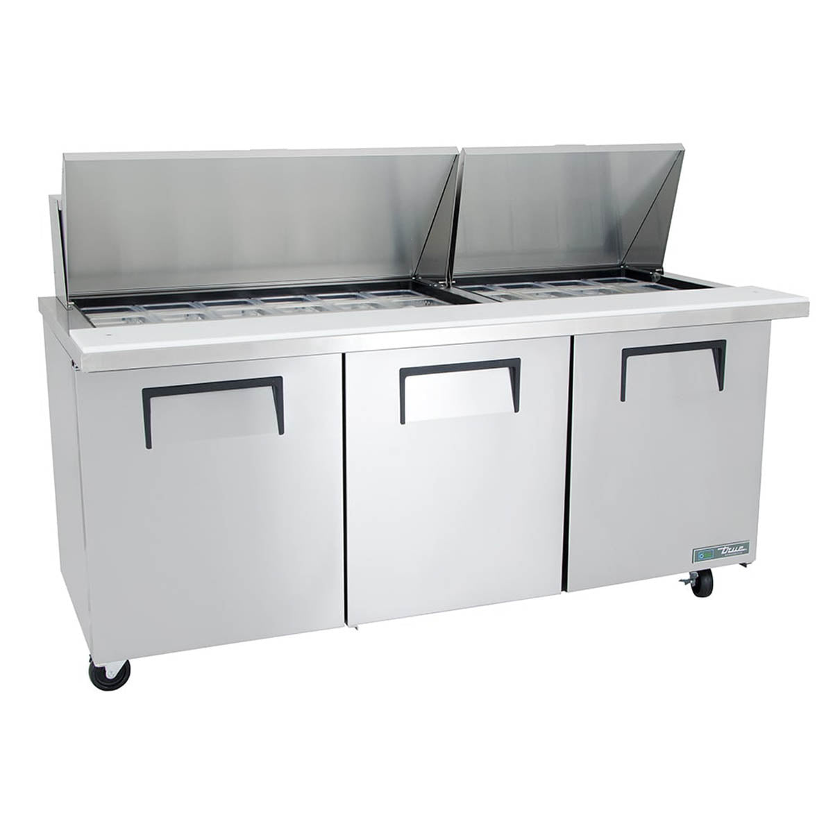 True TSSU-72-30M-B-ST-HC sandwich/salad prep table, front angle view, lids open, empty pans