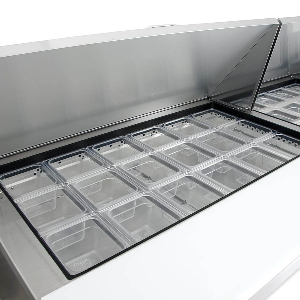 True TSSU-72-30M-B-ST-HC sandwich/salad prep table, close-up of the food pans