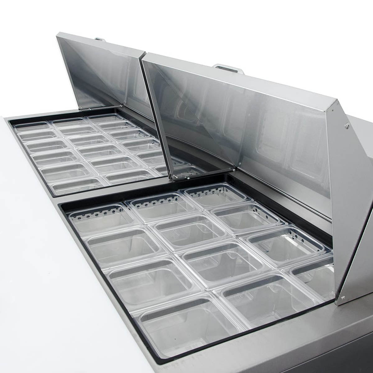 True TSSU-72-30M-B-ST-HC sandwich/salad prep table, angle close-up of the food pans