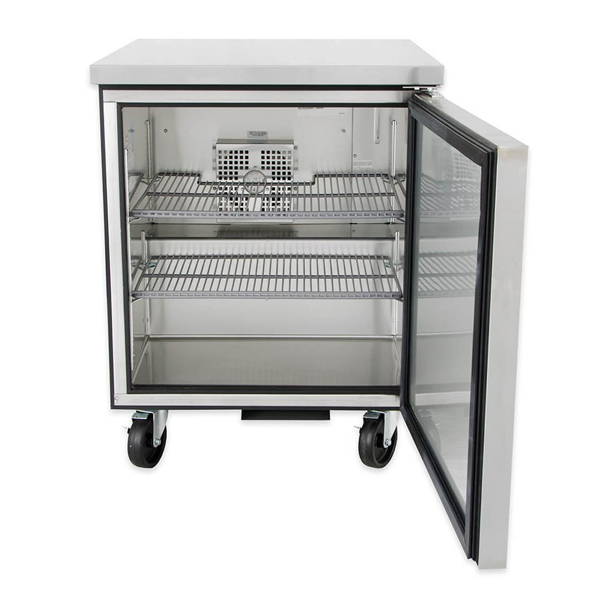 True TUC-27F-HC 1-door undercounter freezer, door open with wire shelves