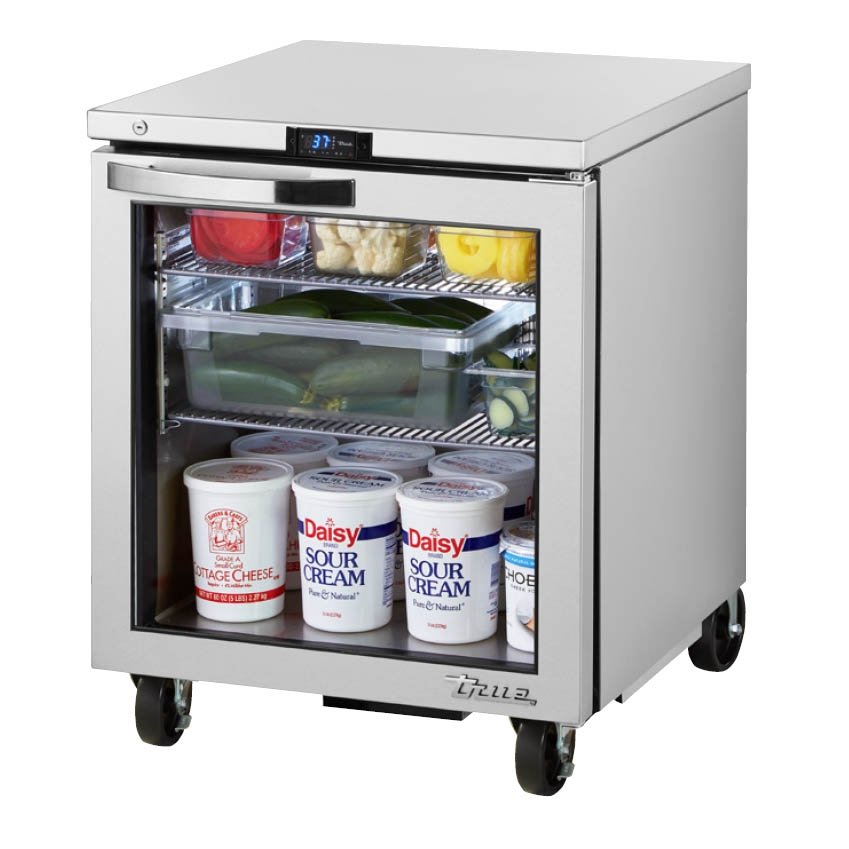 True TUC-27G-HC~SPEC3 1-door glass undercounter refrigerator, front angle view, product on the shelves