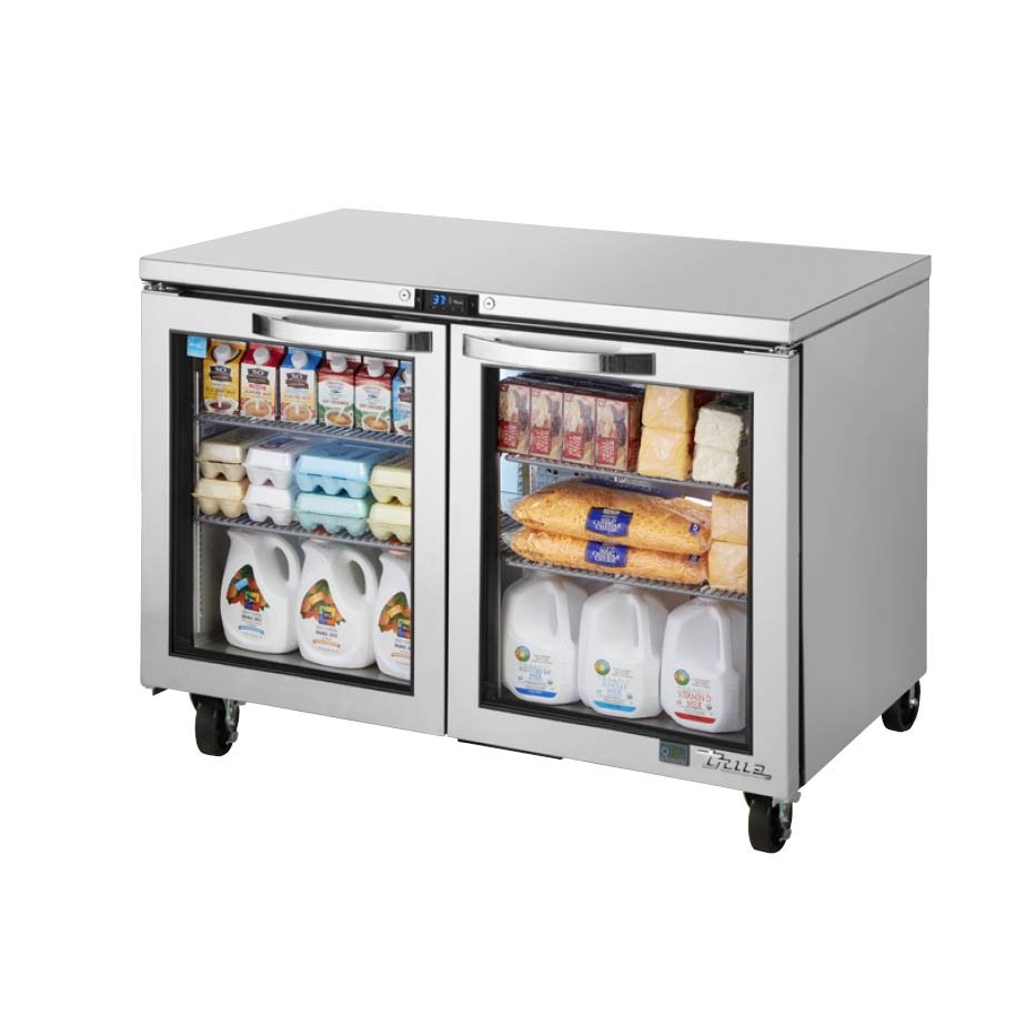 True TUC-48G-HC~SPEC3 2-door glass undercounter refrigerator, front angle view, product on the shelves