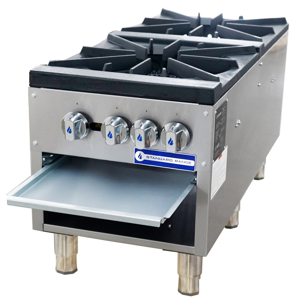 Standard Range SR-SP2 double burner gas stock pot range, angled front view with the drip tray pulled out
