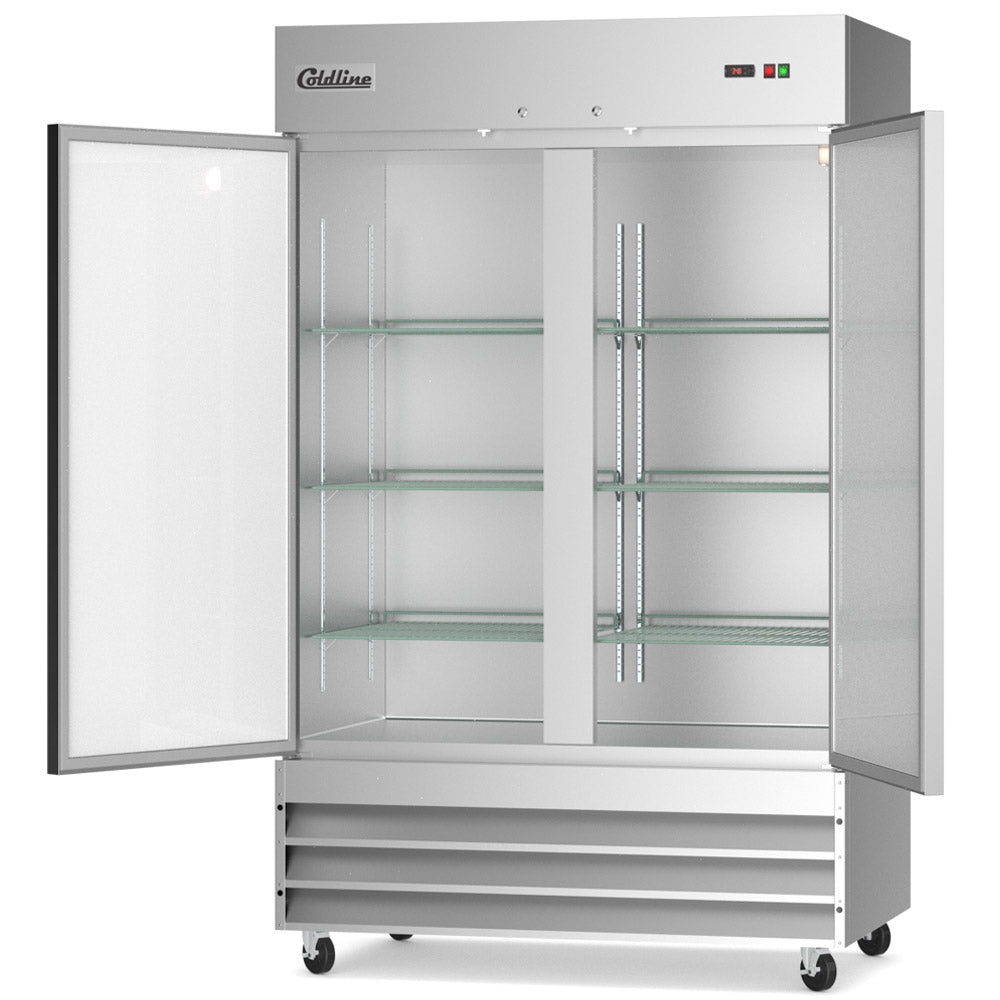 Coldline C-2RE solid door reach-in refrigerator, doors open showing wire shelves