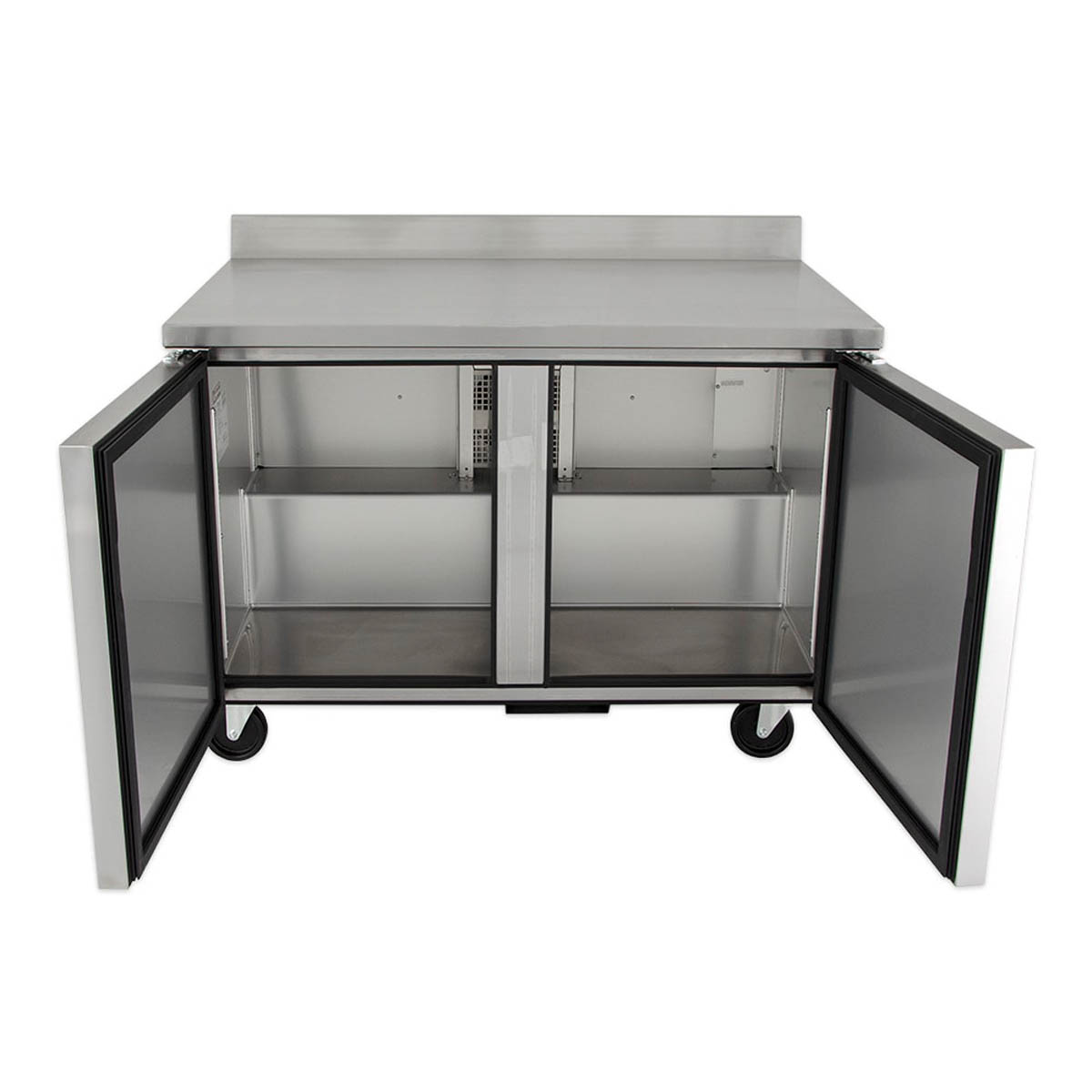 True TWT-48-HC 2-door worktop refrigerator, front view with both doors open, shelves inside