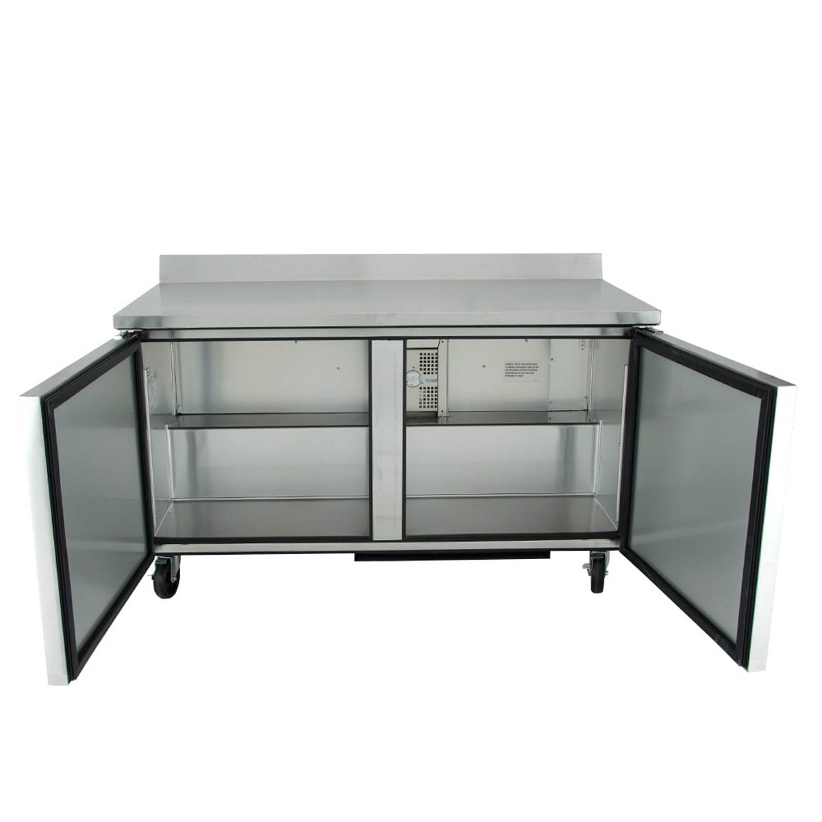 True TWT-60F-HC 2-door worktop freezer, front view with both doors open, shelves inside