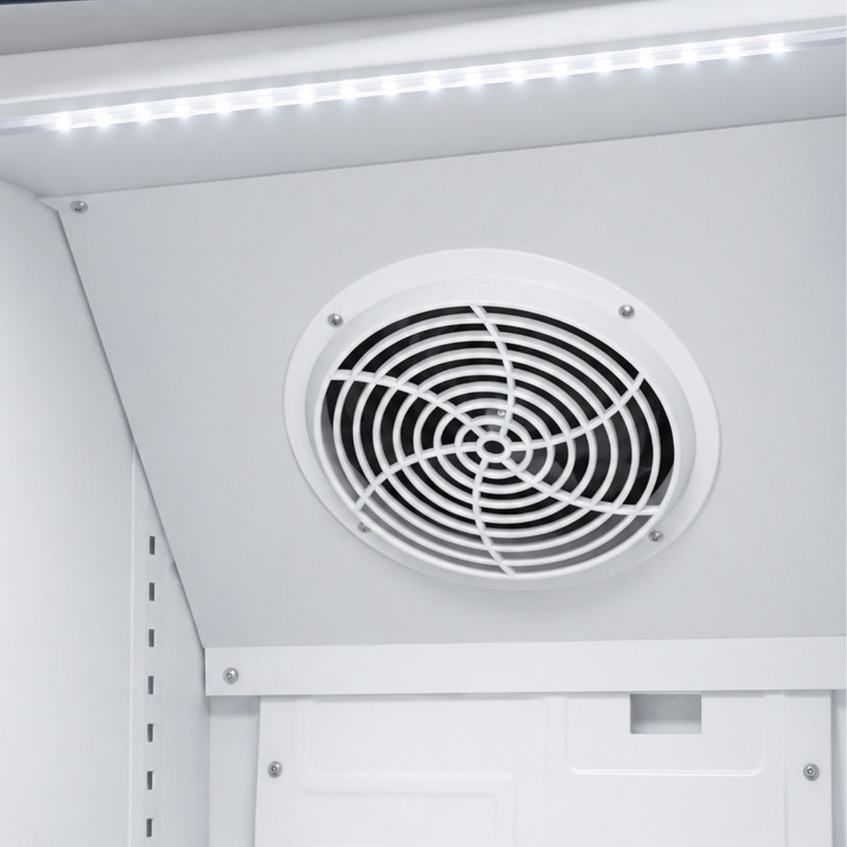 Unity U-17M glass door merchandiser refrigerator, interior fan and LED light detail