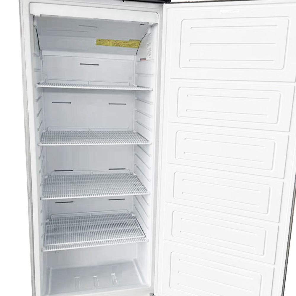 Unity U-22FE solid door reach-in freezer, door open, interior with shelves