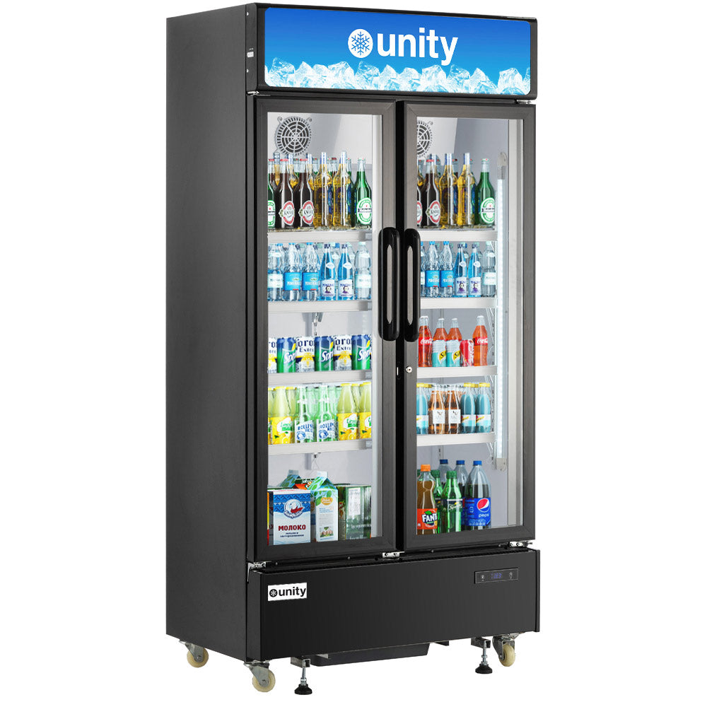Unity U-40M two glass door merchandiser refrigerator, stocked with drinks, front view