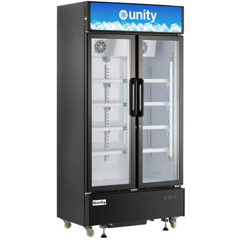 Unity U-40M two glass door merchandiser refrigerator, empty, front view