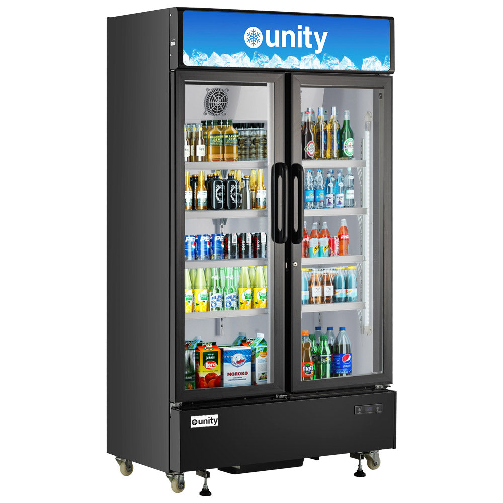 Unity U-48M two glass door merchandiser refrigerator, stocked with drinks, front view