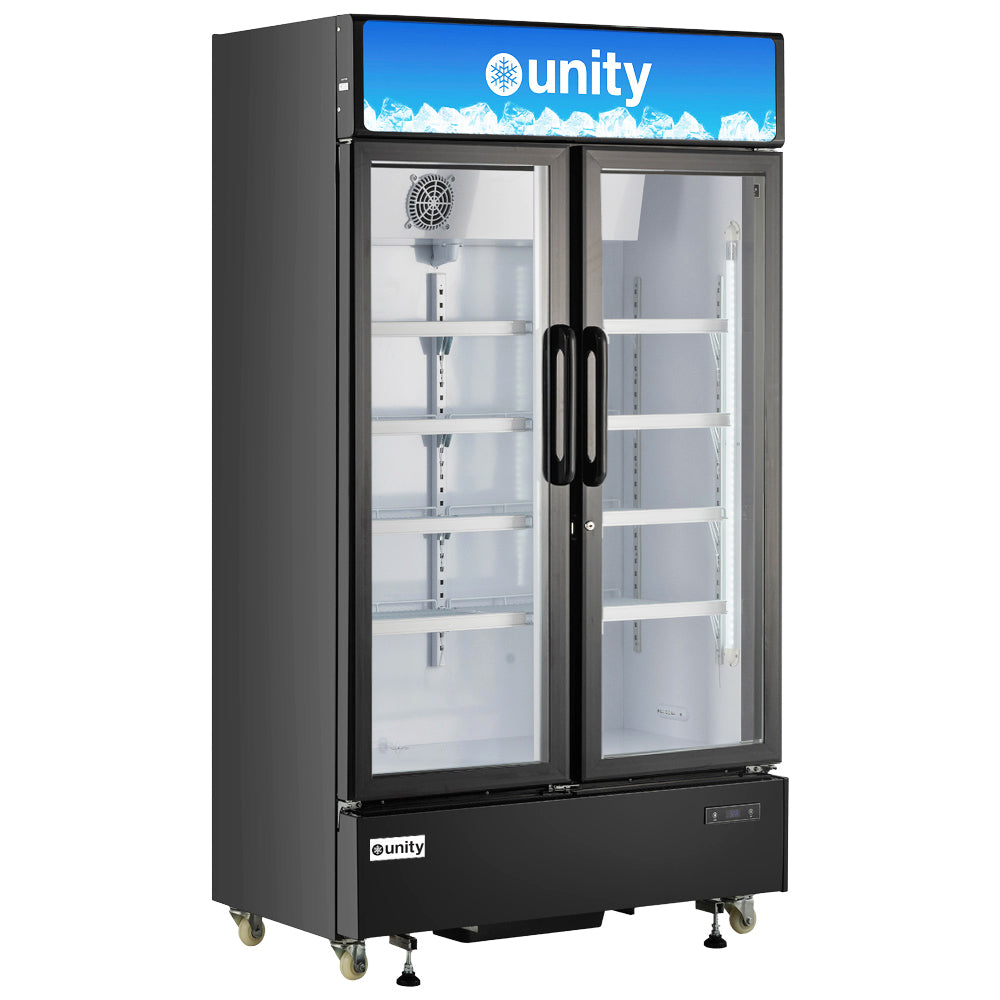 Unity U-48M two glass door merchandiser refrigerator, empty, front view