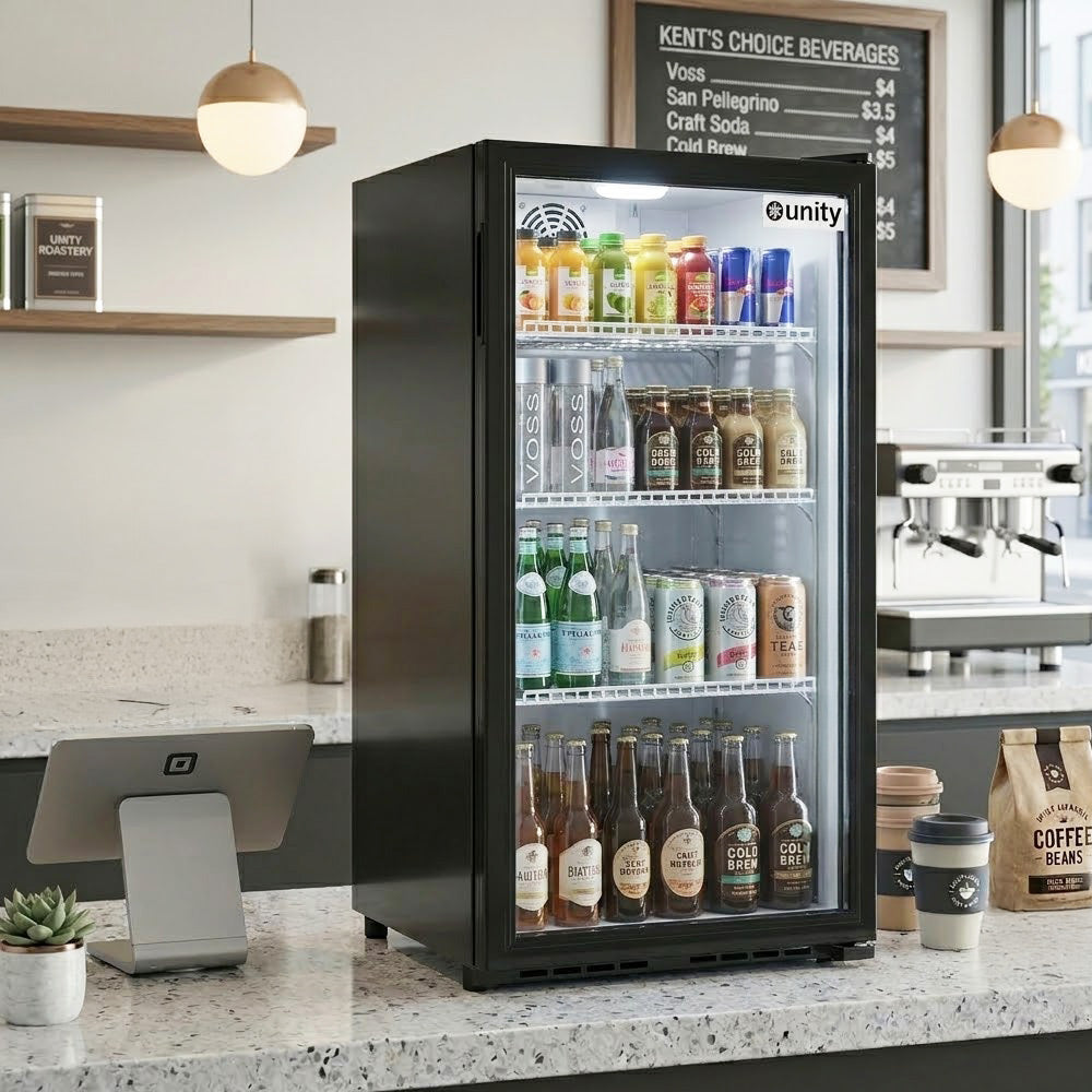 Unity U-CR4 countertop glass door display refrigerator, stocked with drinks on a cafe counter