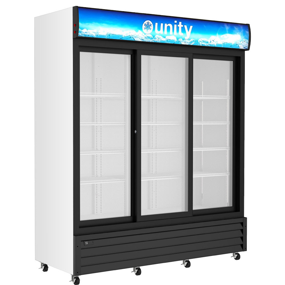 Unity U-GM3-S three sliding glass door merchandiser refrigerator, front angle view