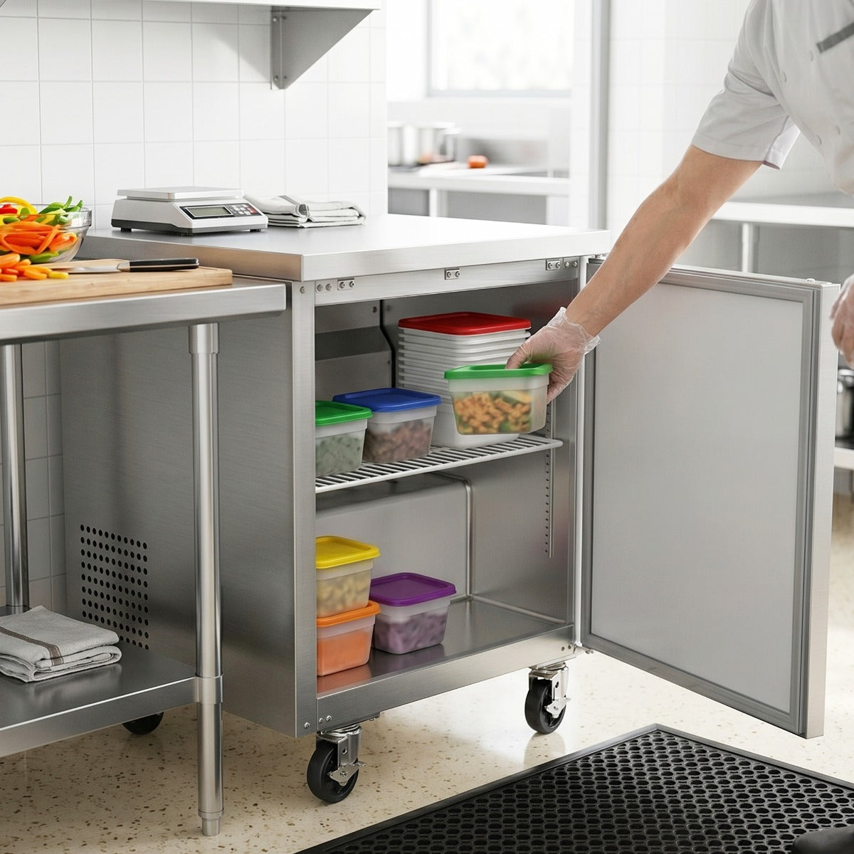 Coldline UC-27R undercounter worktop refrigerator, in use in a kitchen (representative image)