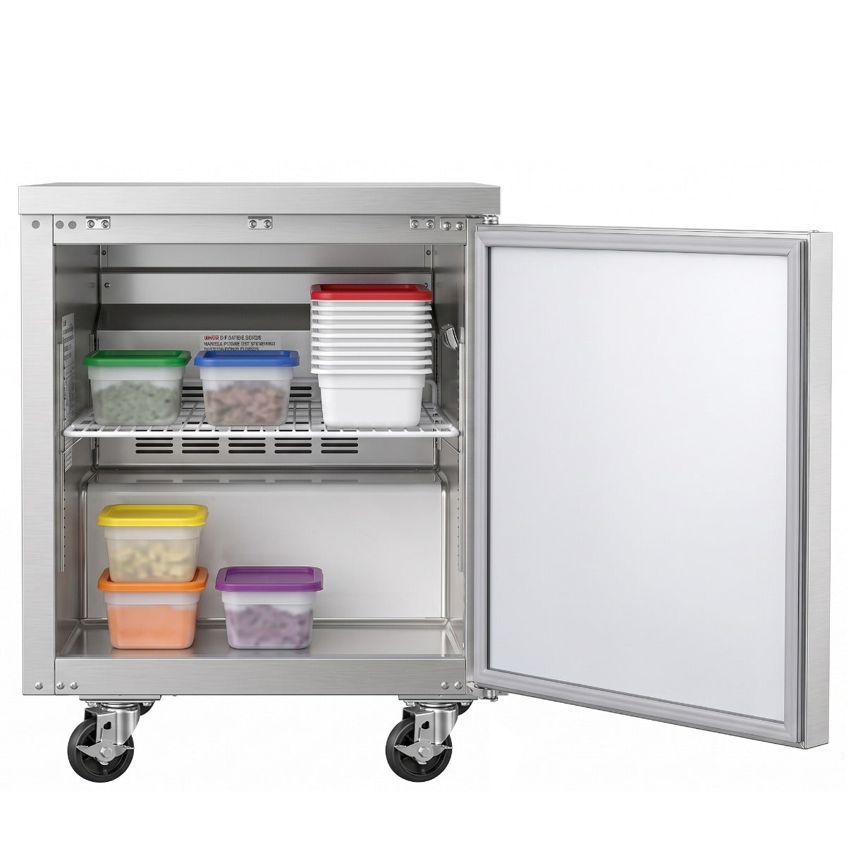 Coldline UC-27R undercounter worktop refrigerator, door open with food containers (representative image)