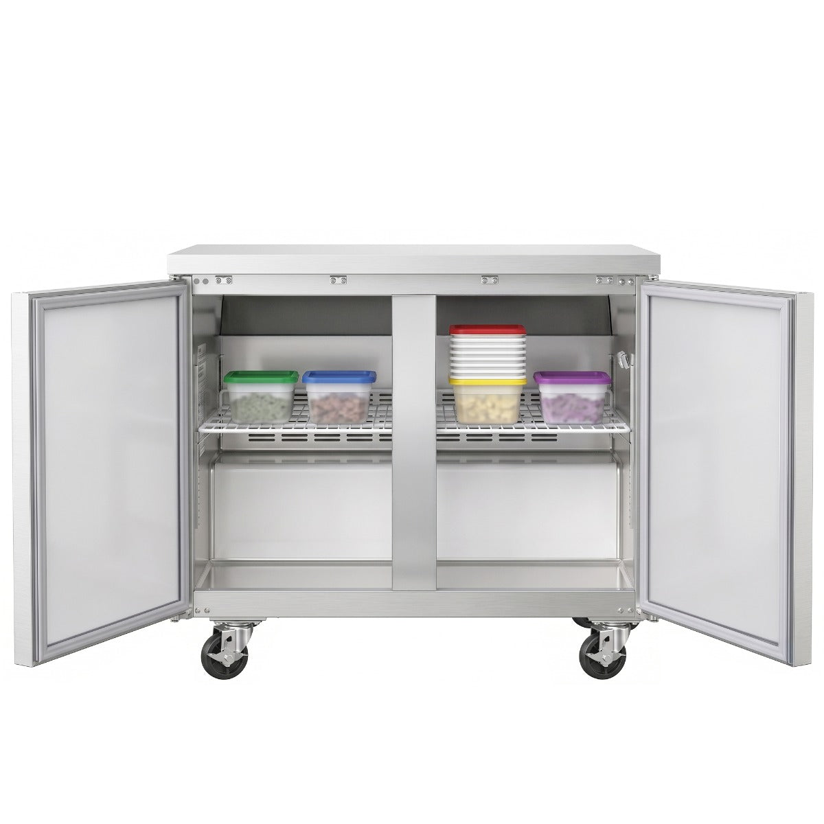 Coldline UC-36R undercounter worktop refrigerator, doors open with food containers (representative image)