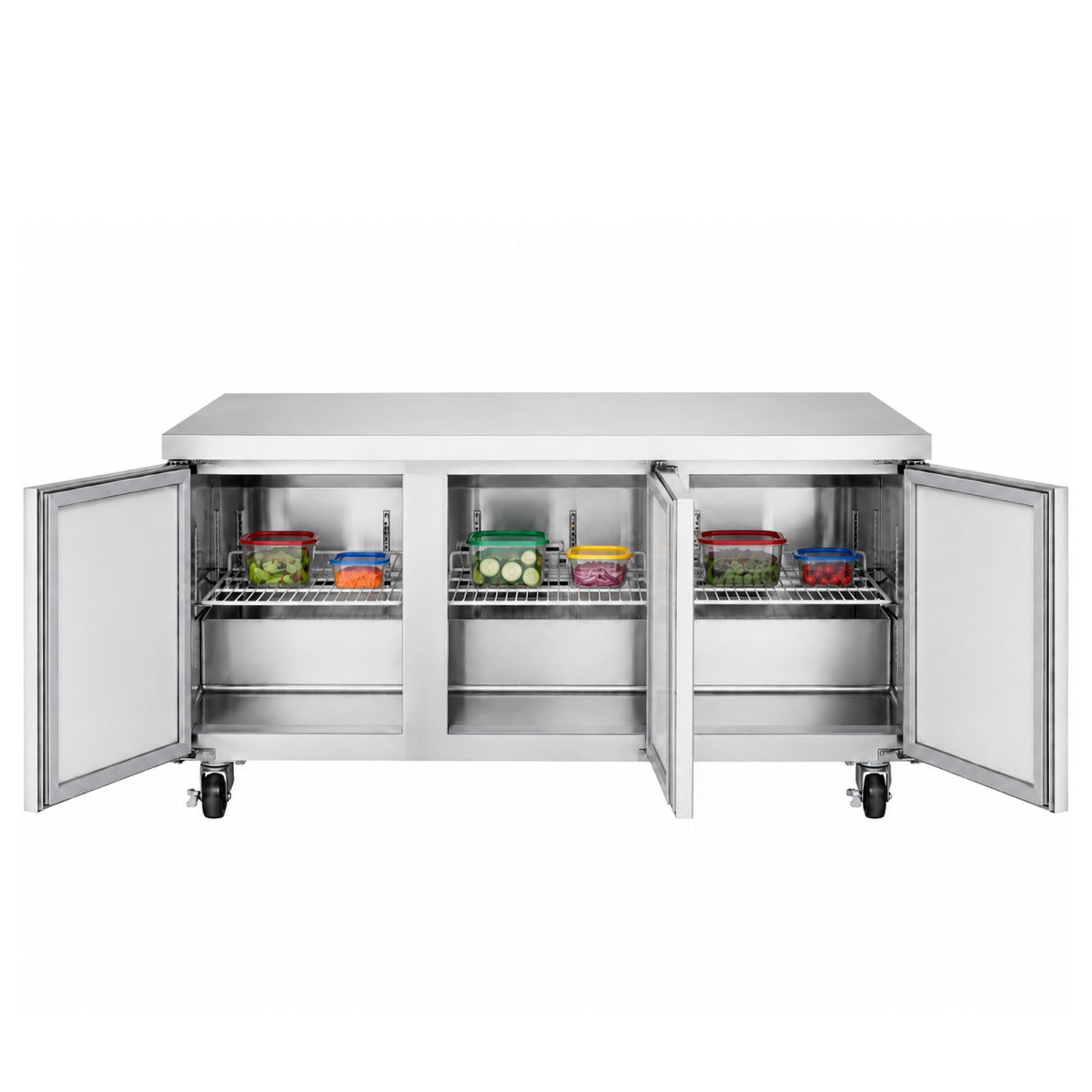 Coldline UC-72R undercounter worktop refrigerator, doors open with food containers (representative image)