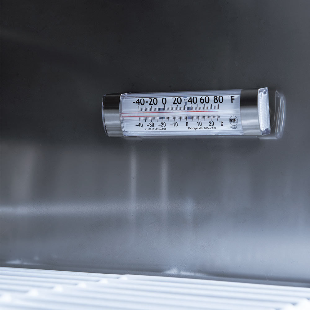 Coldline SMP72 sandwich prep table, interior thermometer, close-up