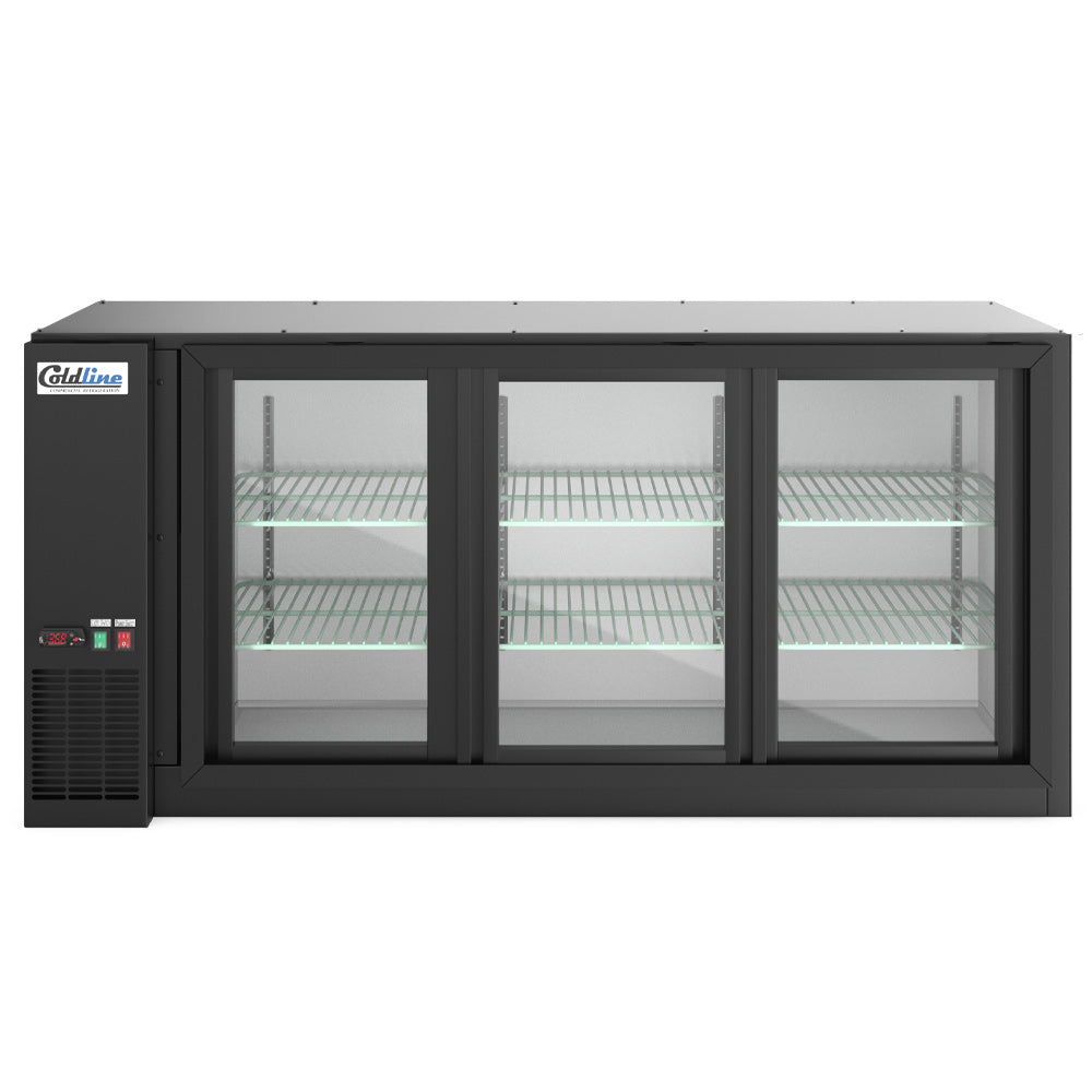 Coldline CBB-72G-SL-T black sliding glass door back bar cooler, front view