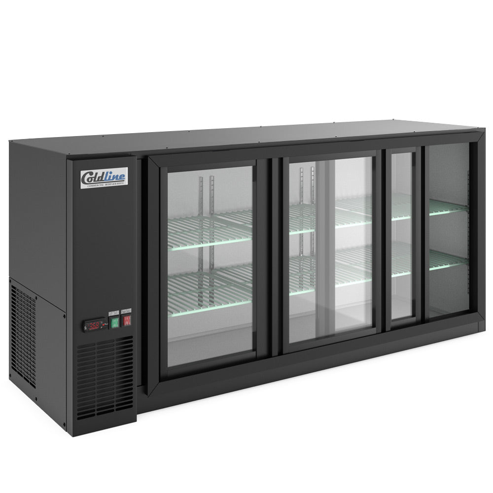 Coldline CBB-72G-SL-T black sliding glass door back bar cooler, angled front view, one door slid open