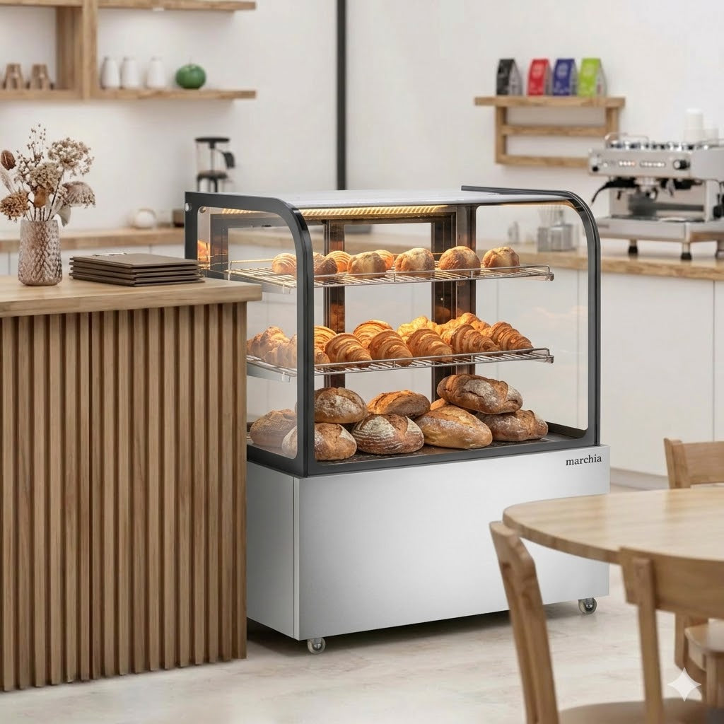 Marchia MH48 48" Curved Glass Heated Display Warming Case, Stainless Steel