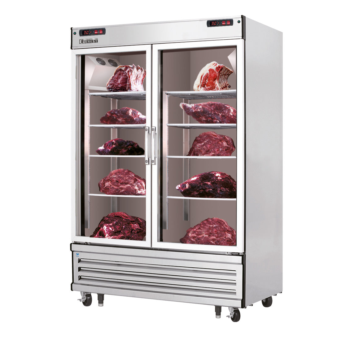 Everest EDA2 54-1/8" Two-Section Stainless Steel Meat Dry Aging & Thawing Cabinet, 50 cu ft, 2 Glass Doors, LED Controls, R290