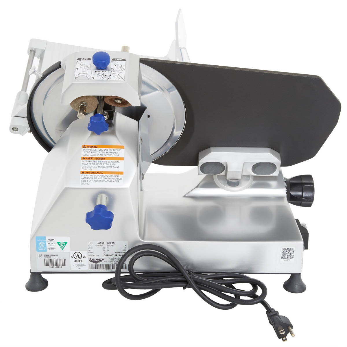 Vollrath 40950 SLM250/S 10" Meat Slicer - Belt Drive, 1/3 HP, 120V, 25° Gravity Feed, QuanTanium Non-Stick Plate