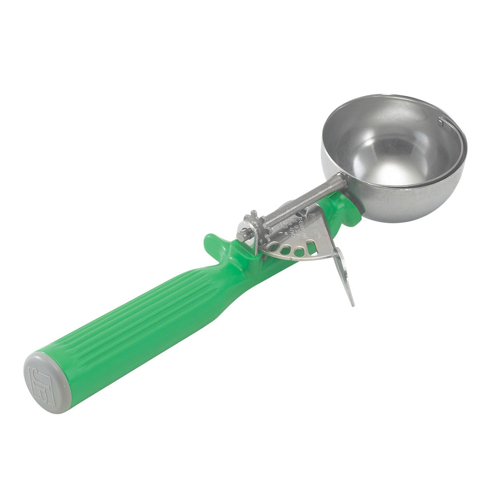 Vollrath 47142 Disher, Round Bowl, Size 12, 2-2/3 Oz, Stainless Steel, Green Handle — Case of 12 pieces