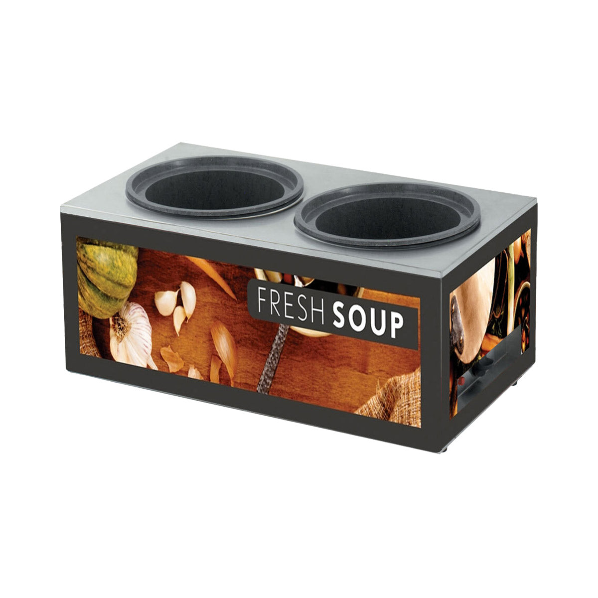 Vollrath 7203002 Cayenne Twin Well Soup Merchandiser with Tuscan Base Graphics