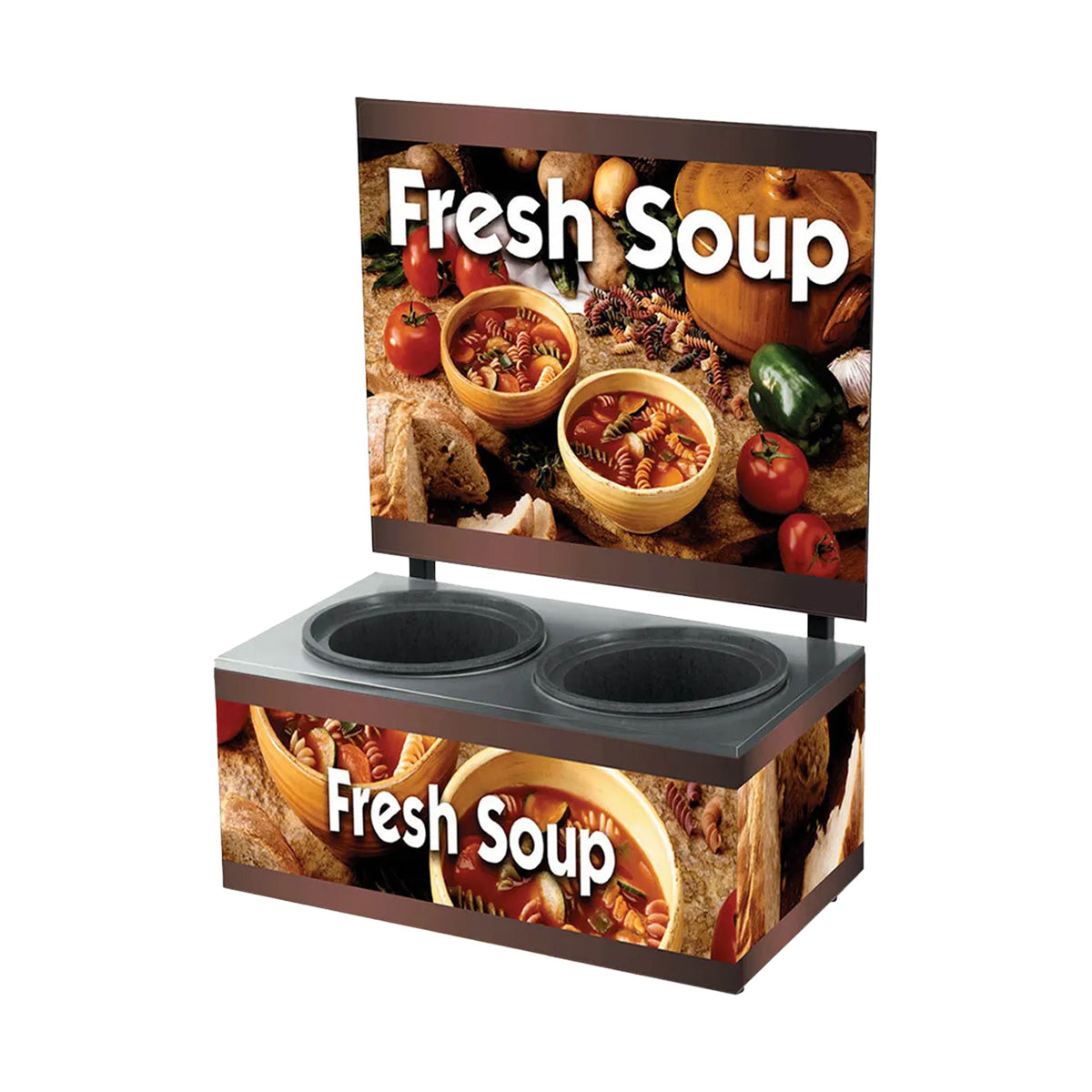 Vollrath 7203103 Cayenne Twin Well Soup Merchandiser with Menu Board & Country Kitchen Graphics