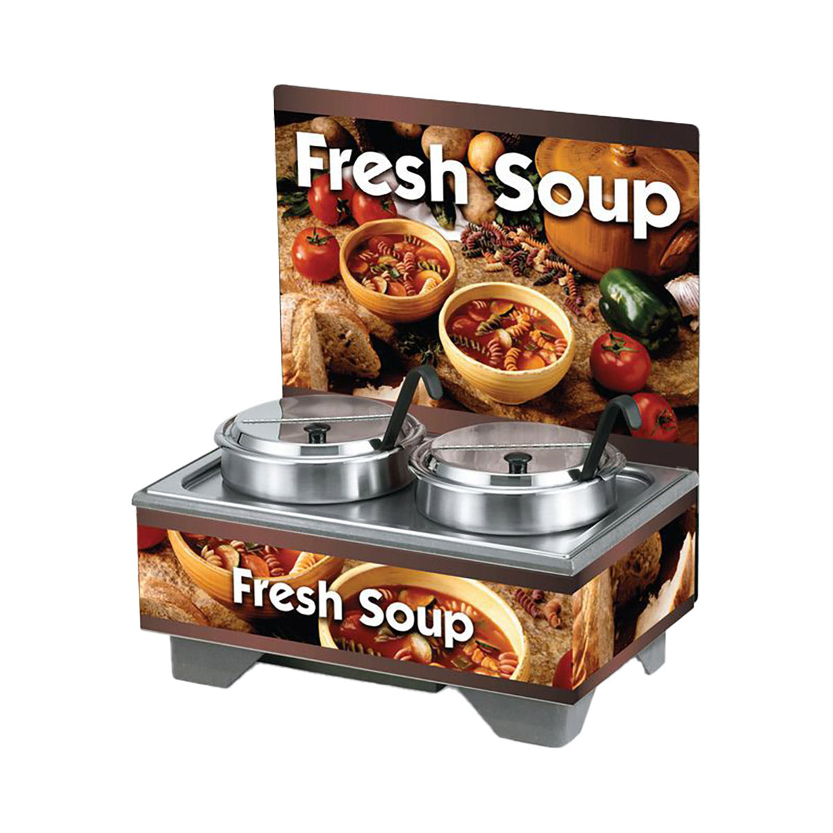 Vollrath 7203103 Cayenne Twin Well Soup Merchandiser with Menu Board & Country Kitchen Graphics