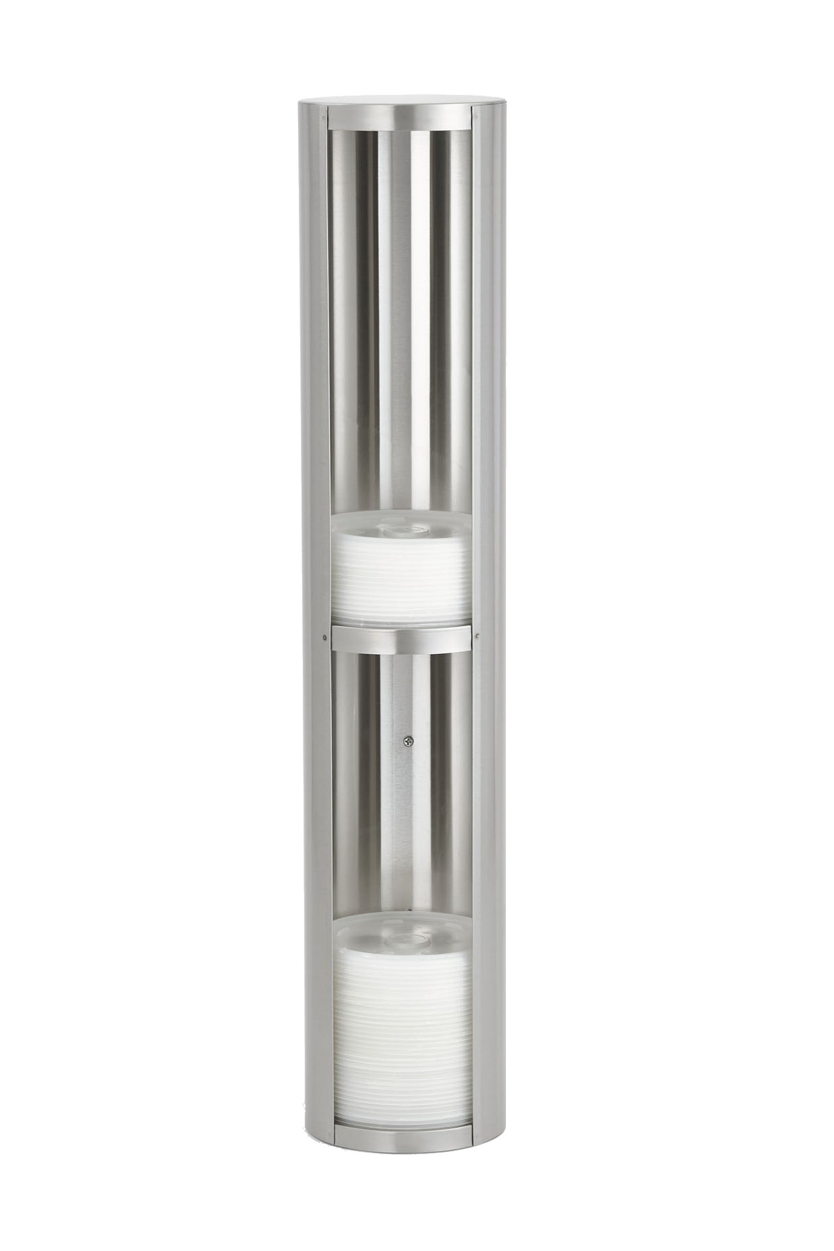 Vollrath LD3-2 Lid Dispenser, 2 Compartments, 25-1/2" H x 5" Diameter, Stainless Steel, Wall Mounted
