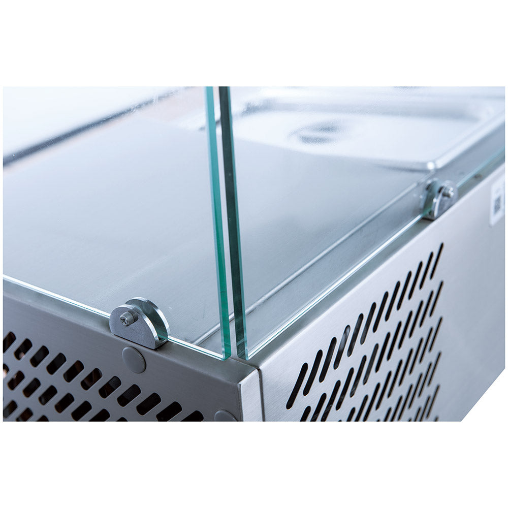 Coldline CTP60SG refrigerated countertop salad bar, glass panel corner, close-up