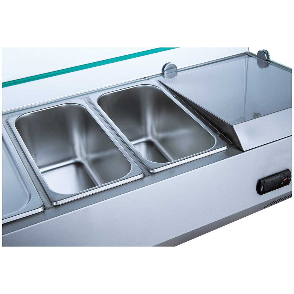 Coldline CTP60SG refrigerated countertop salad bar, stainless steel pans in the rail, close-up