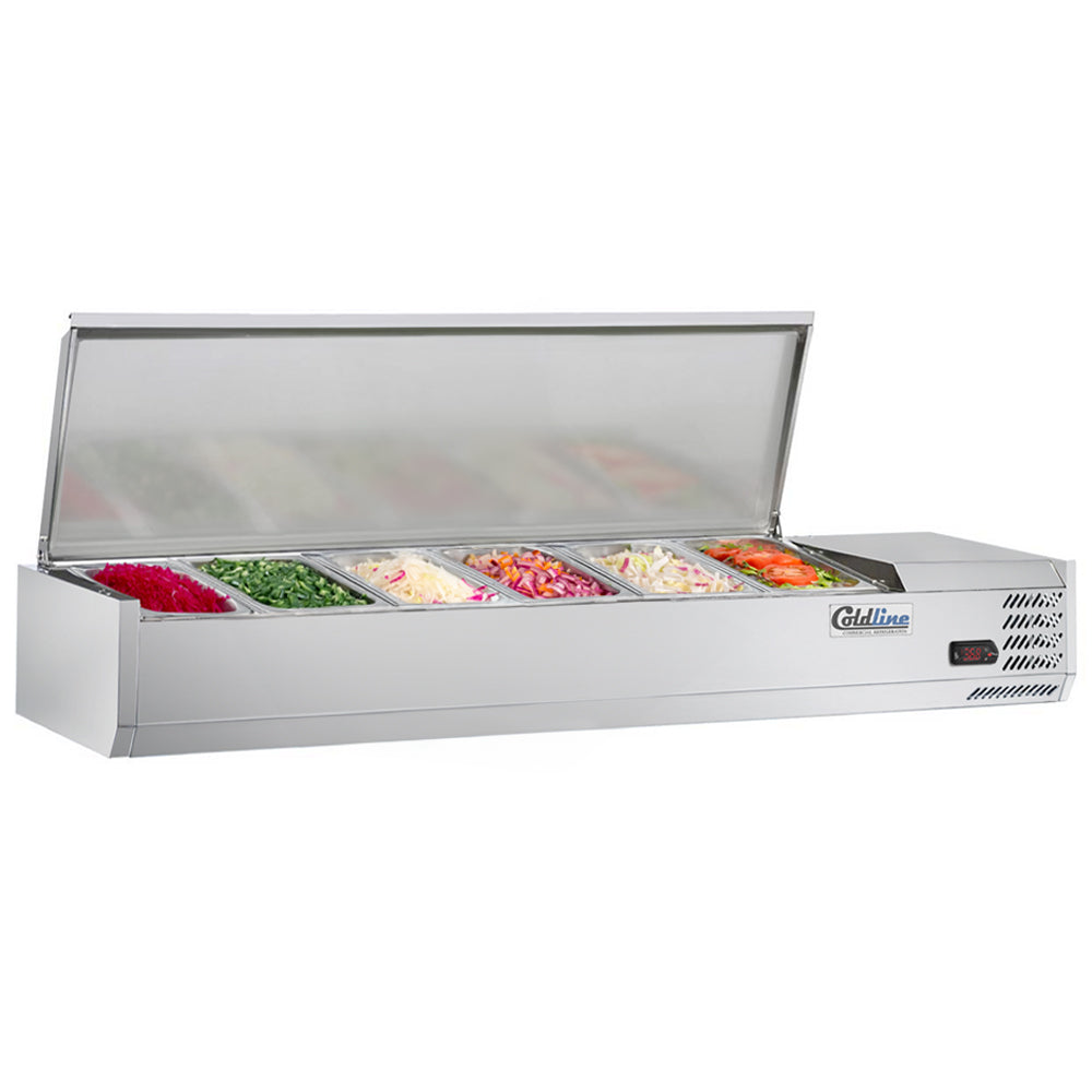 Coldline CTP60SS refrigerated countertop salad bar, cover open with toppings in the pans