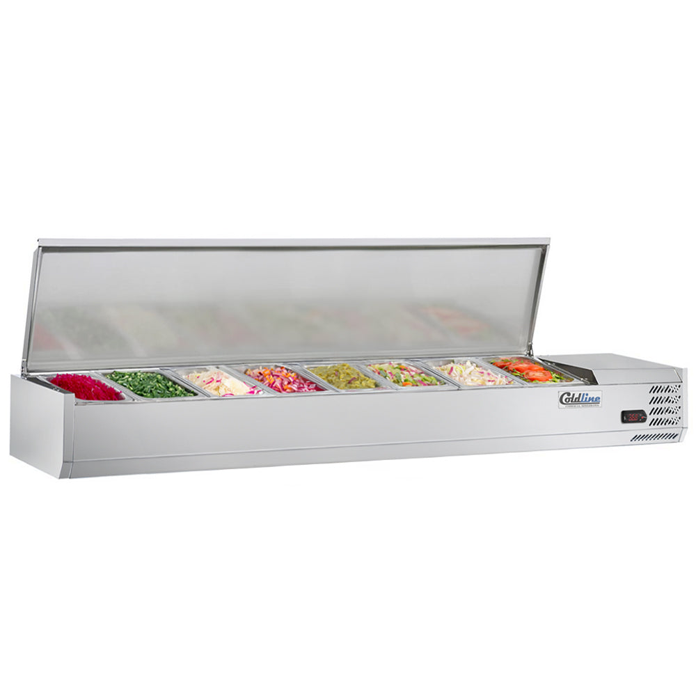 Coldline CTP70SS refrigerated countertop salad bar, cover open with toppings in the pans