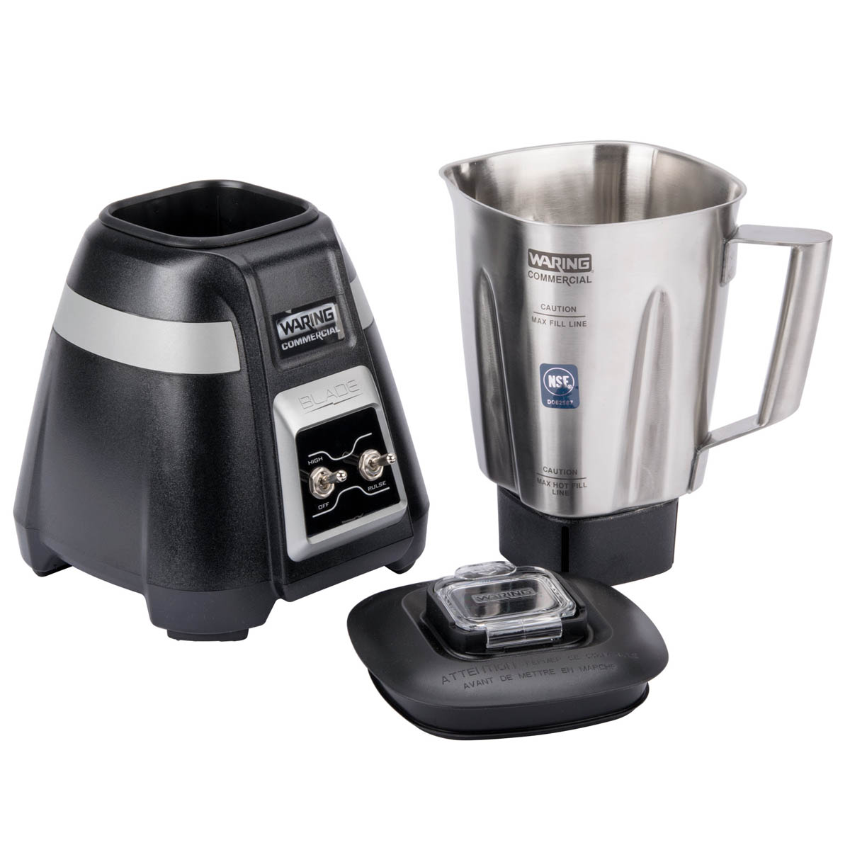Waring BB300S base, 48 oz. stainless steel jar and jar pad shown apart