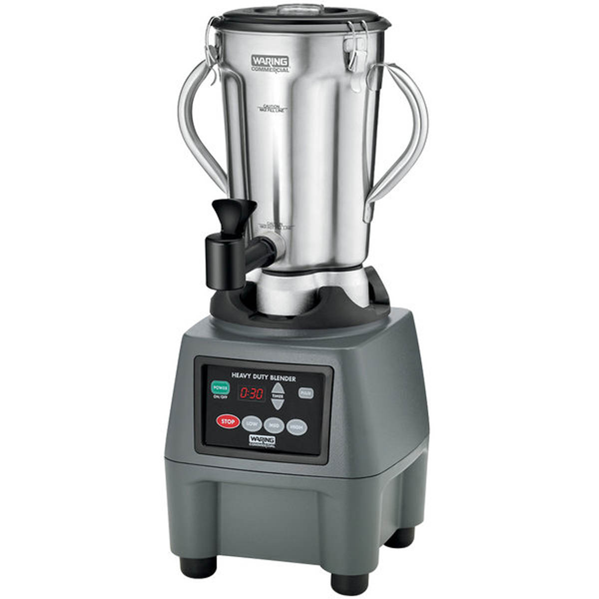 Waring CB15TSF 1-gallon food blender with stainless steel spigot container, front view