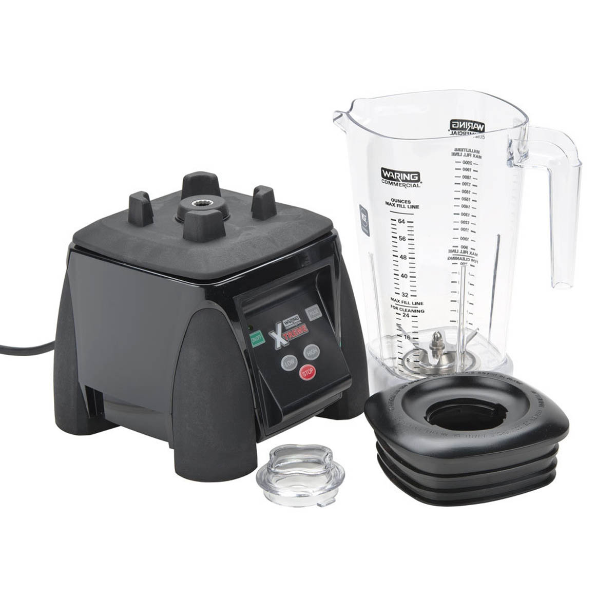 Waring MX1050XTX motor base, copolyester container, lid and jar pad shown apart